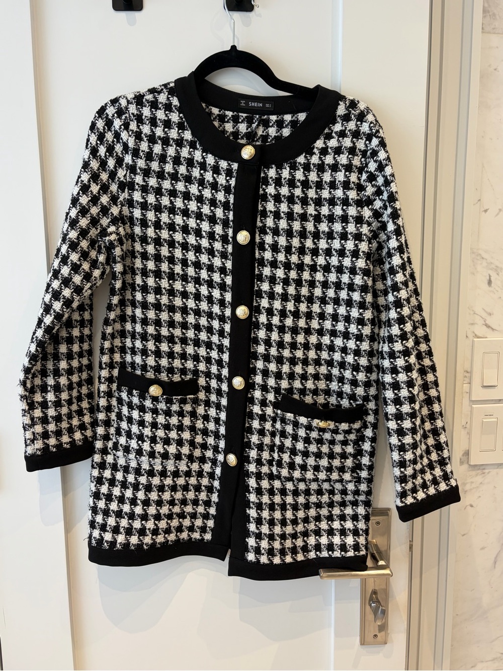 SHEIN Black & White Houndstooth Tweed Cardigan Jacket with Gold Buttons